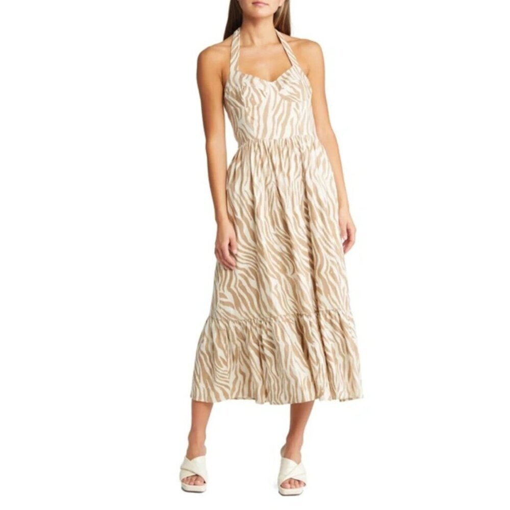 New! Bardot Beige Tiger Print Nala Linen Blend Midi Dress Size M 47654
